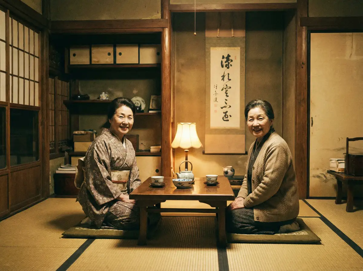 两位优雅的 香香腐宅 在日式茶室中品茶交谈